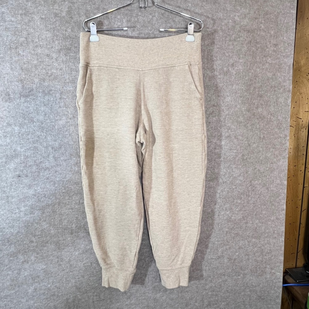 Athleta Waffle Knit Joggers Women Large Tan Tencel Cotton Blend Loungewear Cozy